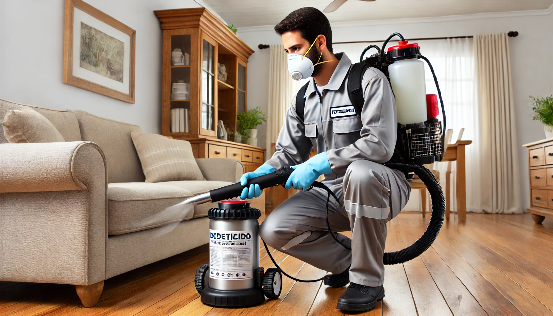 Um técnico de dedetização profissional usando um uniforme e equipamento de proteção, aplicando inseticida com um pulverizador pressurizado de dedetiza