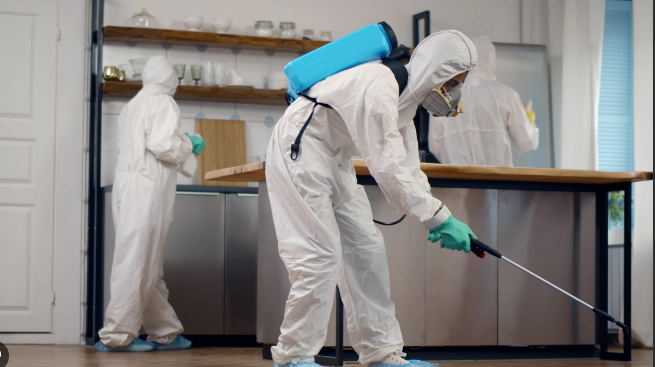 Profissional aplicando produto de controle de pragas em casa no bairro Eldorado, Contagem.